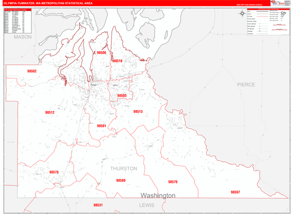 Olympia-Tumwater Metro Area Digital Map Red Line Style